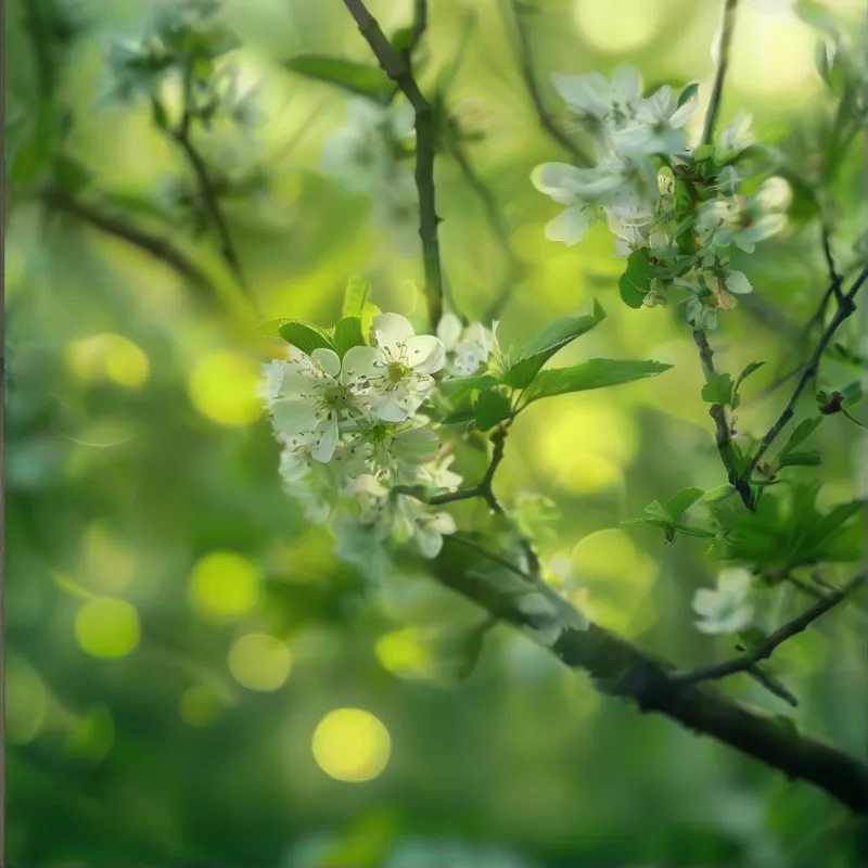 White flowers and green leaves adorn a branch with soft background light.