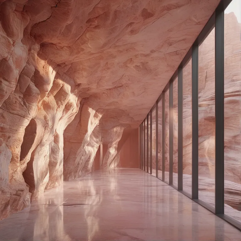 Warm sunlight illuminates a rock cut corridor featuring glass windows and a polished floor.
