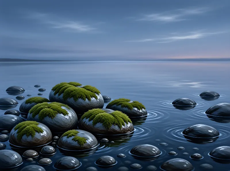 Rounded dark stones capped with bright green moss break a still blue lake, sending out thin concentric rings.