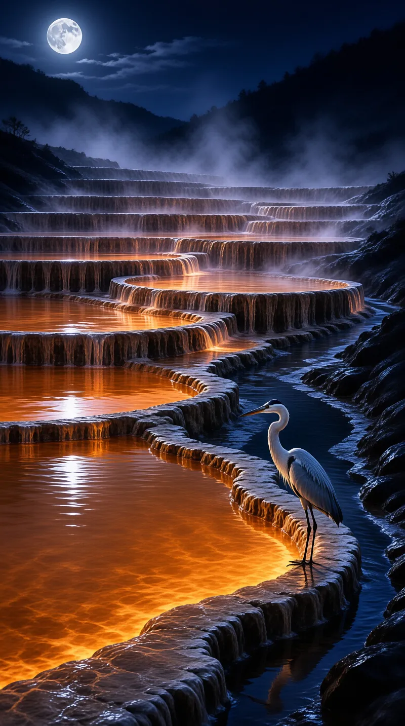 A white heron stands on a rocky ledge beside glowing orange terraced pools beneath a bright full moon.