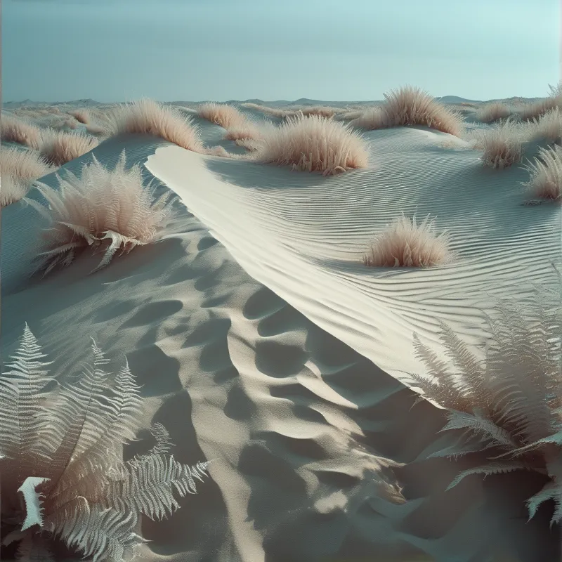 Pale pink vegetation grows across a surreal desert landscape under a soft cool light.