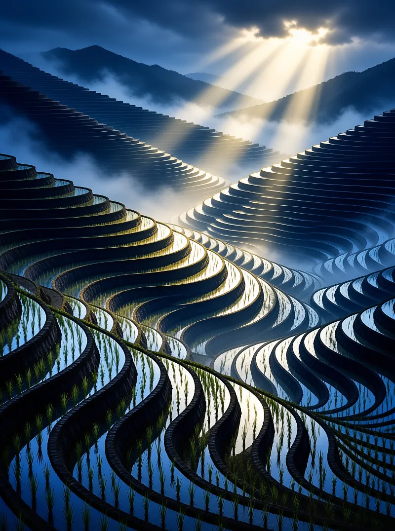 Curved water paddies on a hillside catch golden rays cutting through mist and dark blue shadows.