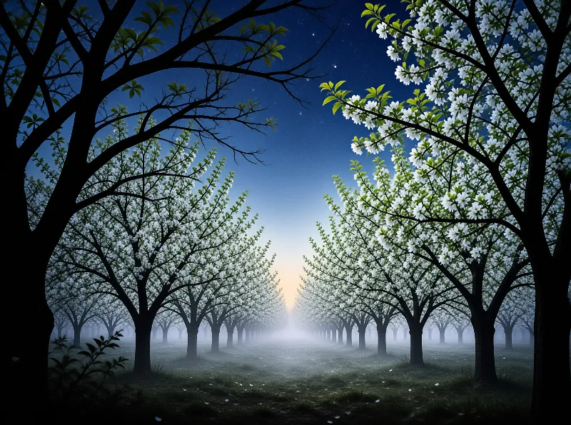 Misty Orchard Under Stars