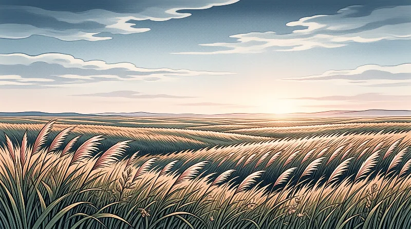 Illustrated waves of amber grass sweep toward a broad horizon stacked with flat clouds and a low sun.