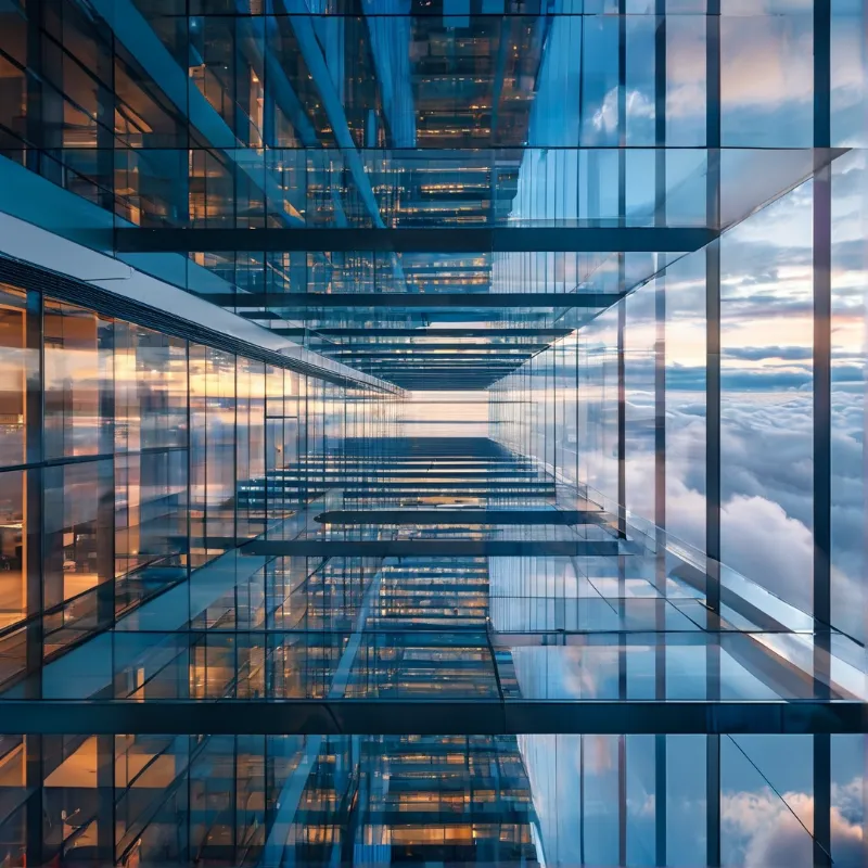 A view of a modern building exterior showing reflections of clouds and sunset colors.
