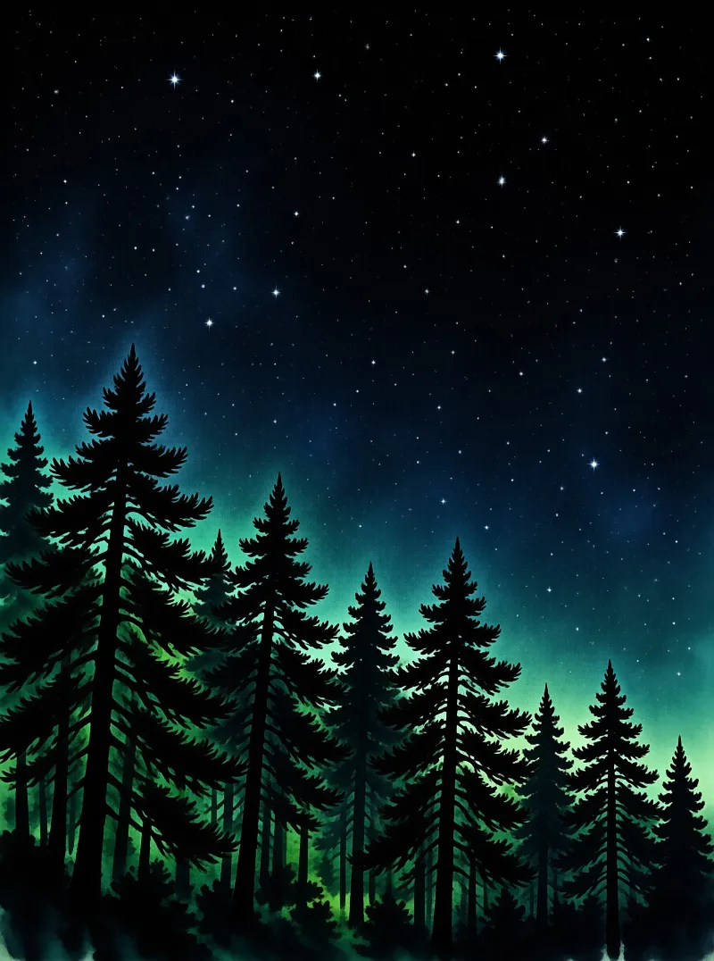 Silhouetted coniferous trees rise against a deep blue night sky filled with stars and a glowing green aurora.