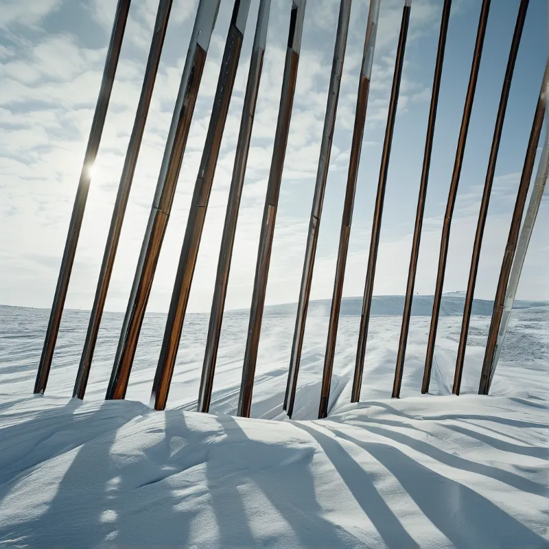 Tall vertical poles stand in a snowy landscape casting long shadows across the white ground under a bright sky.