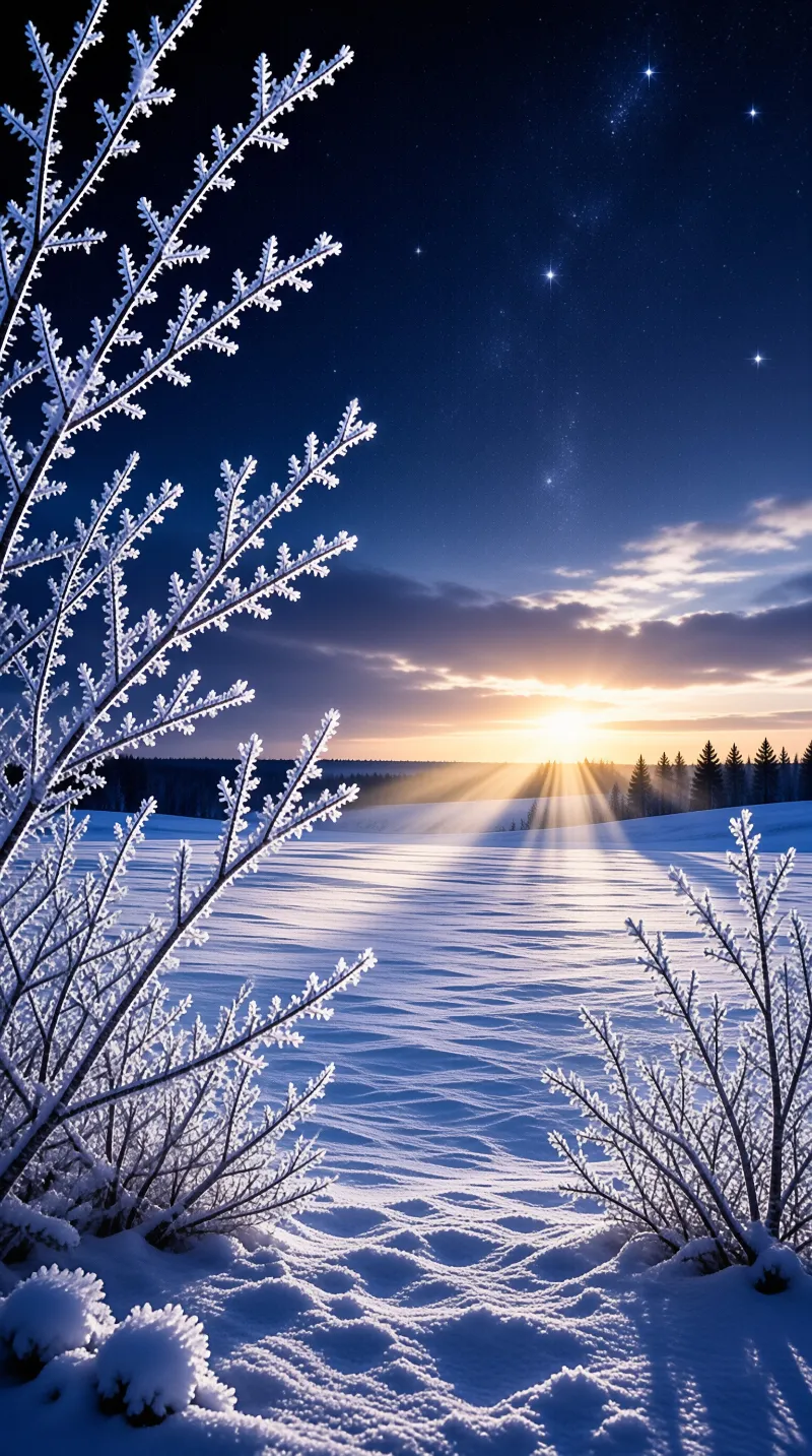 Delicate snow-coated twigs frame a frozen field where the sun bursts over a line of pines beneath a starlit blue sky.
