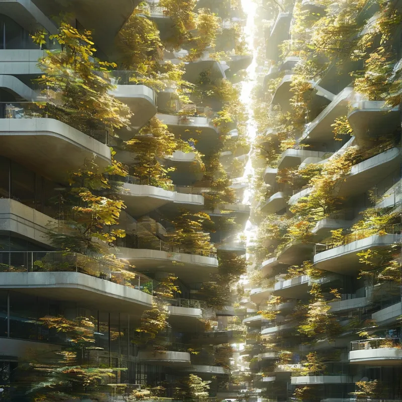 A tall building features lush green and yellow foliage on balconies bathed in bright sunlight streaming through the structure