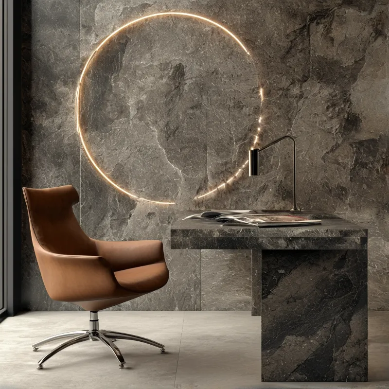 Cognac leather swivel chair with a chrome star base faces a marble desk beneath a luminous circular light on a slate wall.