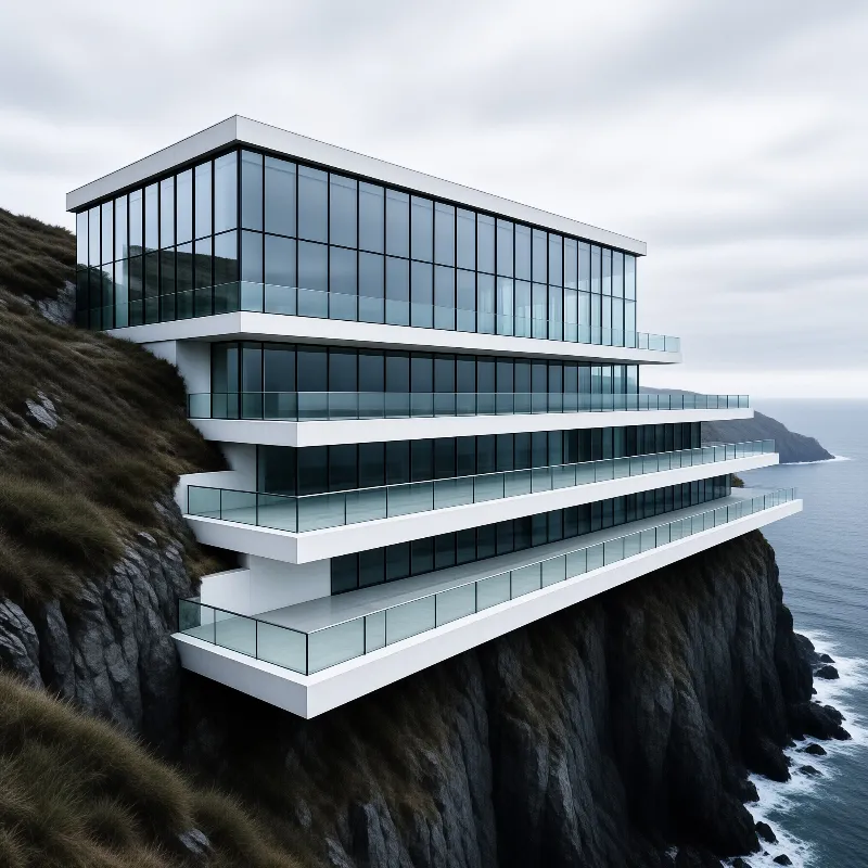White stacked balconies jut from a grassy clifftop above dark rocks and a cold grey ocean.