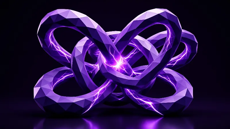 A faceted purple knot twists in black space while bright energy pulses through its center and along its channels.