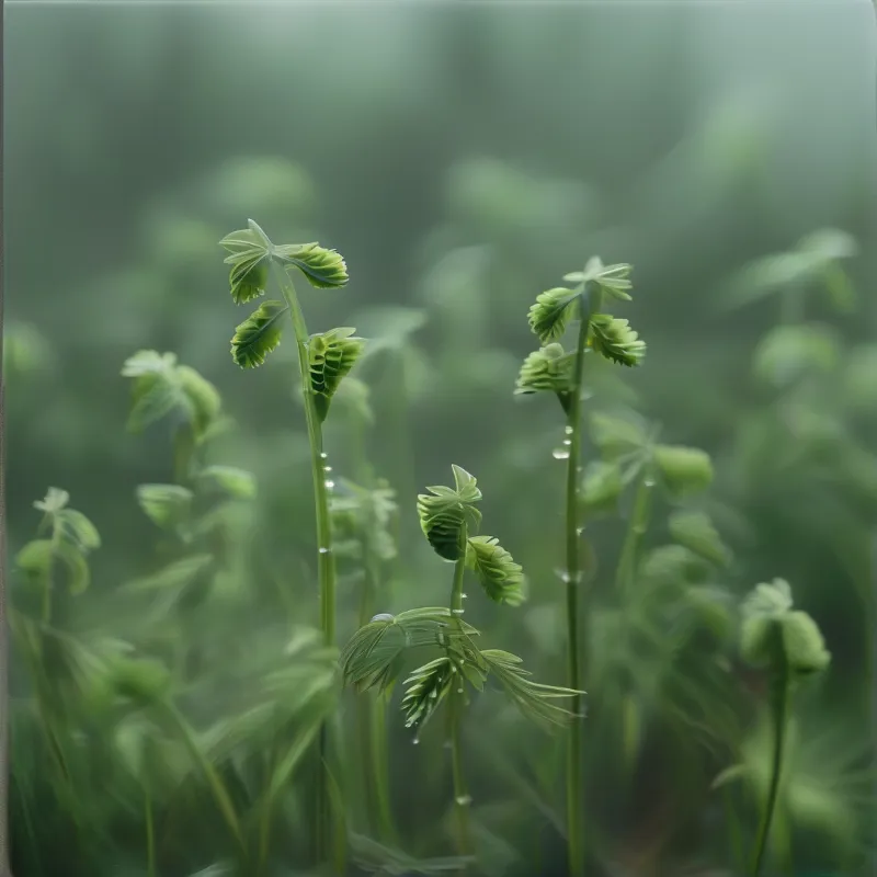 Green fern-like plants covered in water droplets stand out against a soft blurred misty background.