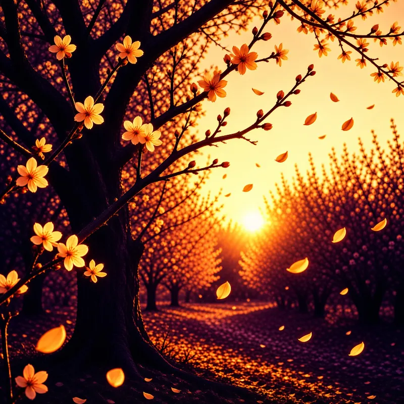 Dark tree trunk frames glowing orange blossoms while petals drift through a grove lit by a bright yellow sunset sun.