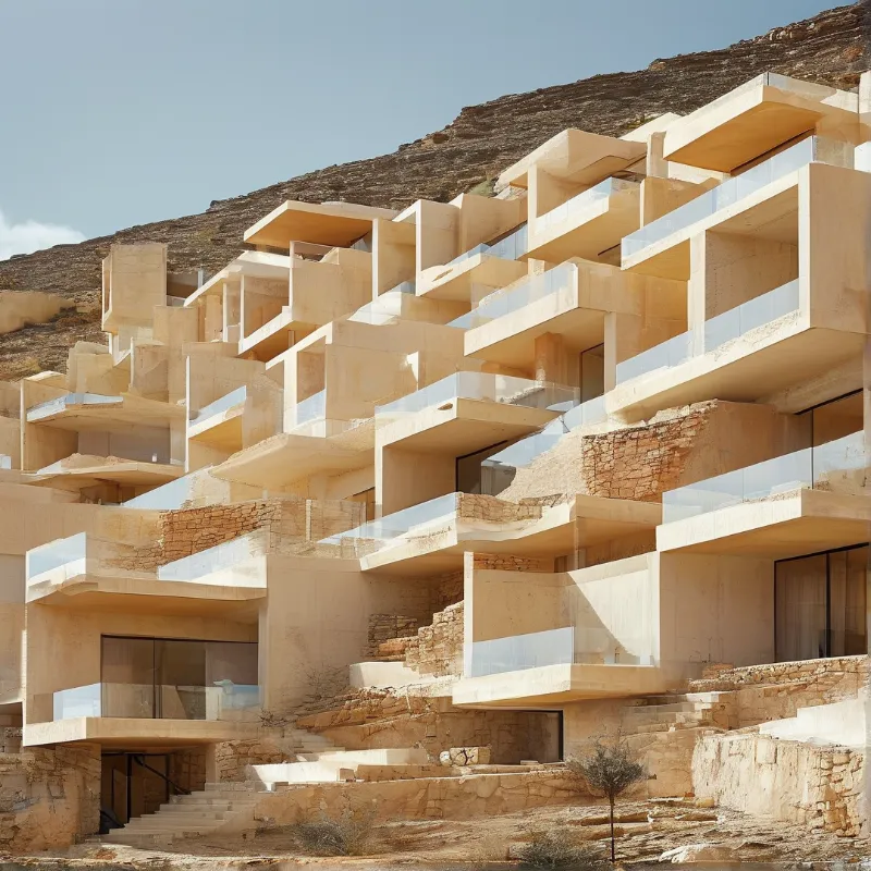 White villas with glass balconies are stacked vertically along a steep rocky hillside under a clear sky.