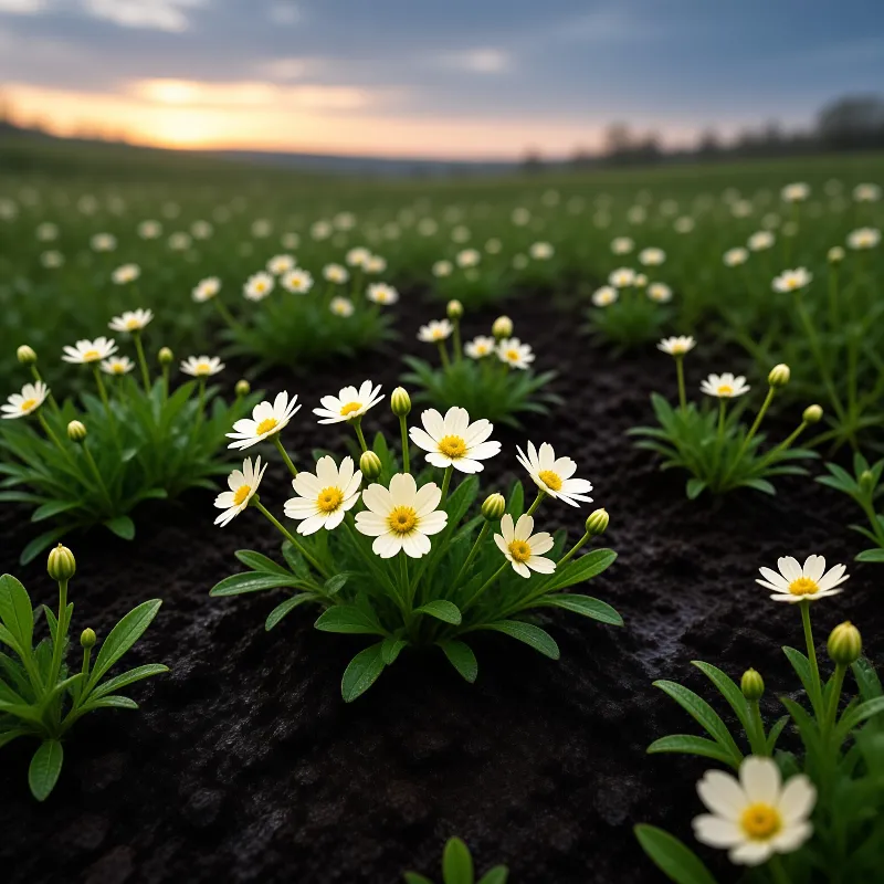 Rows of white flowers with yellow centers grow in dark soil under a fading twilight sky with orange clouds.