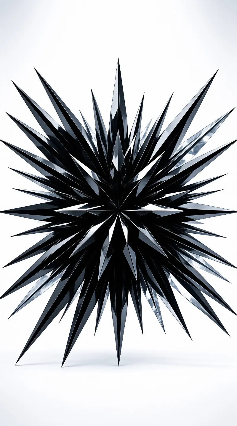 A sharp dark metallic object with many spikes radiating outward against a plain white background.