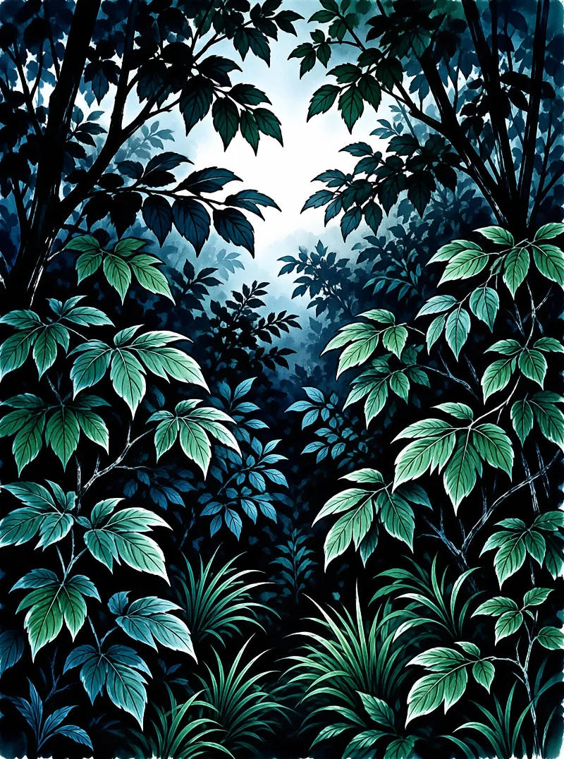 Dense forest foliage in cool green and blue tones creates a layered canopy glowing softly against the dark night sky.