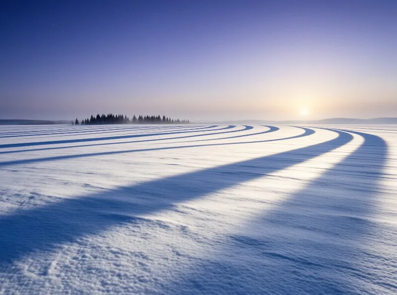 A vast frozen meadow crossed by long curved shadows cast by a distant row of pine trees at sunset.