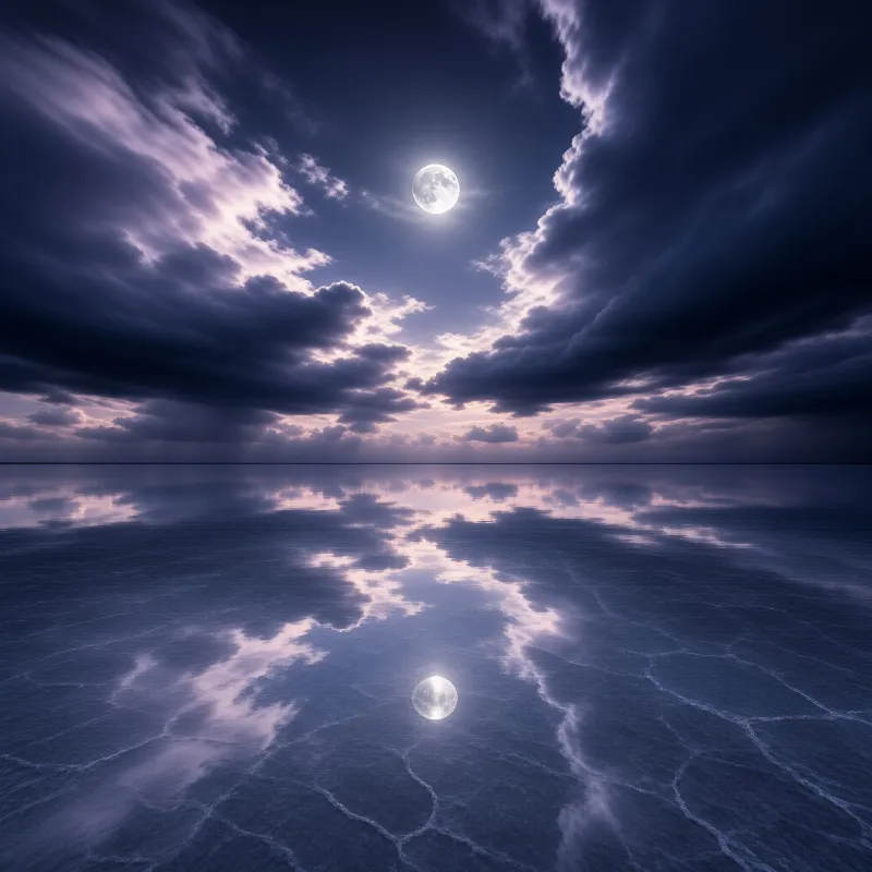 A full moon shines above a vast frozen salt flat where cracked ice reflects the purple and blue clouds of the night sky