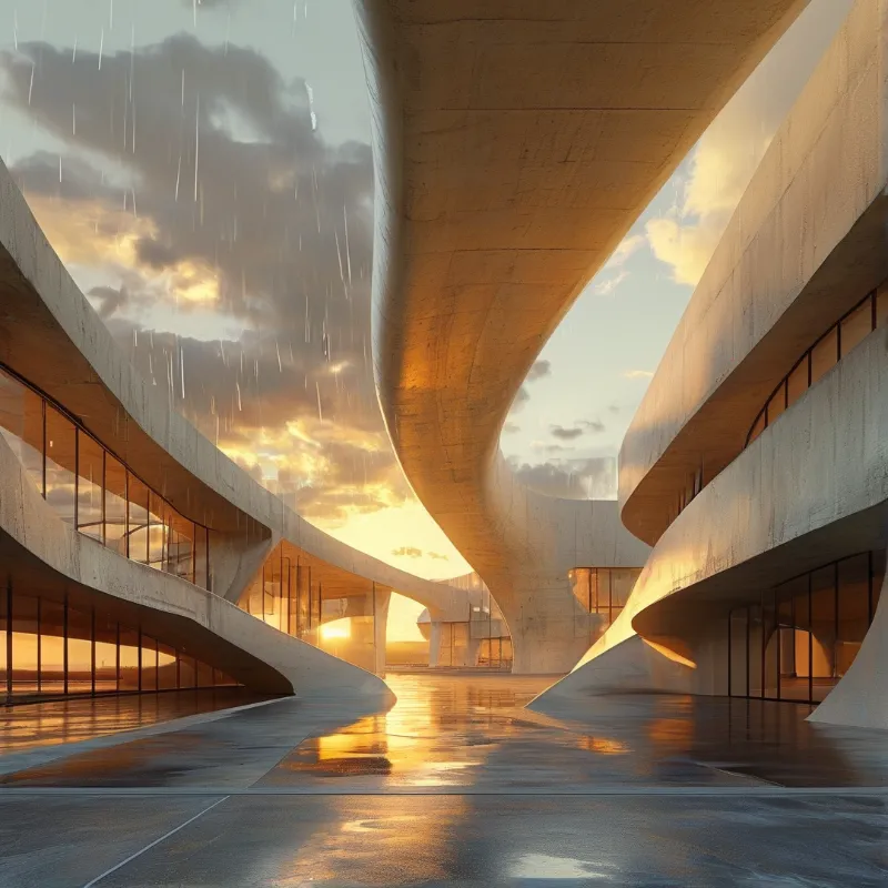 Massive curved concrete architecture features large glass panels and wet ground reflecting warm sunset light.