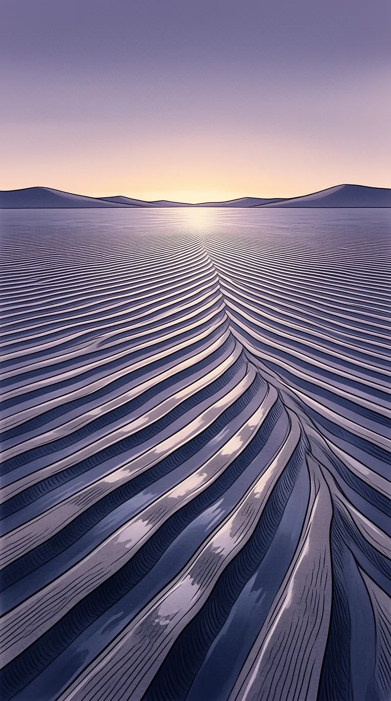 A large salt flat with wavy ripples leads the eye toward a bright sun setting behind low purple hills.