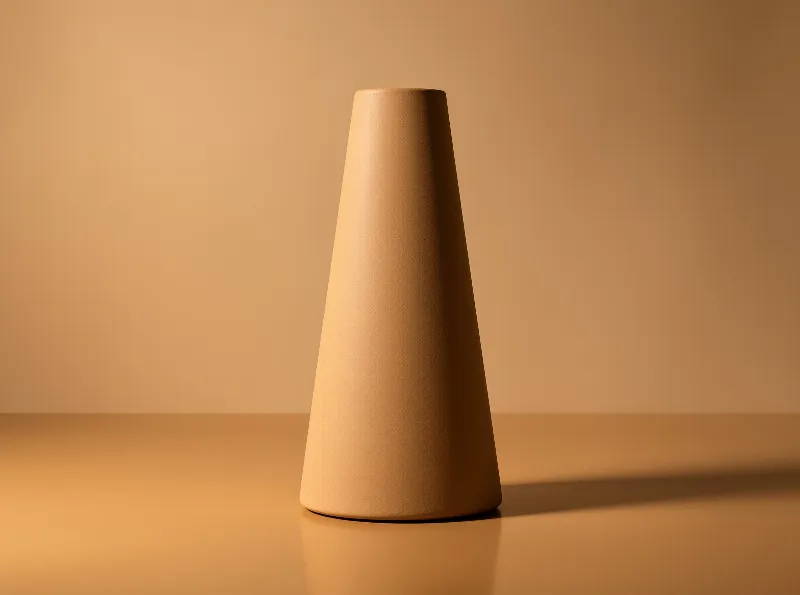 A tall beige cone shaped vessel rests on a flat surface illuminated by soft warm lighting from the left side.