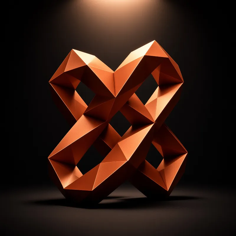 An angular origami-like loop of burnished copper stands out against darkness beneath a warm spotlight.