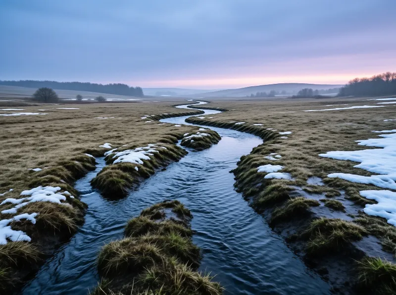 A winding blue river flows through a grassy field with patches of melting snow under a soft purple and blue twilight sky.
