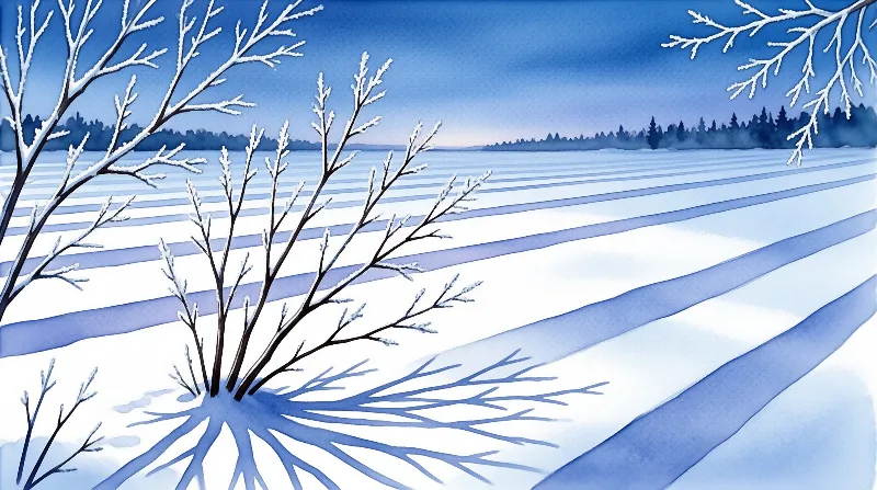 Bare tree branches covered in frost cast long blue shadows across a snowy field beneath a gradient winter sky.