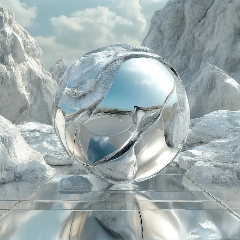 A mirror-bright metal orb reflects the sky while resting among chalky white boulders.