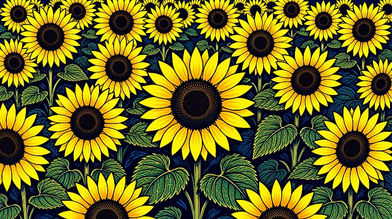Bright yellow sunflowers with dark centers fill a deep blue background interspersed with green foliage.