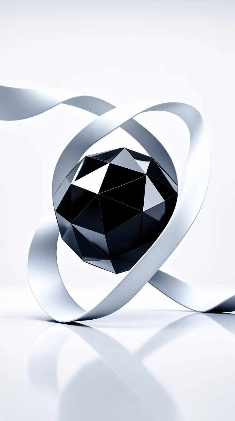 A glossy polyhedron floats inside looping white bands against a bright studio setting with a soft mirrored floor.