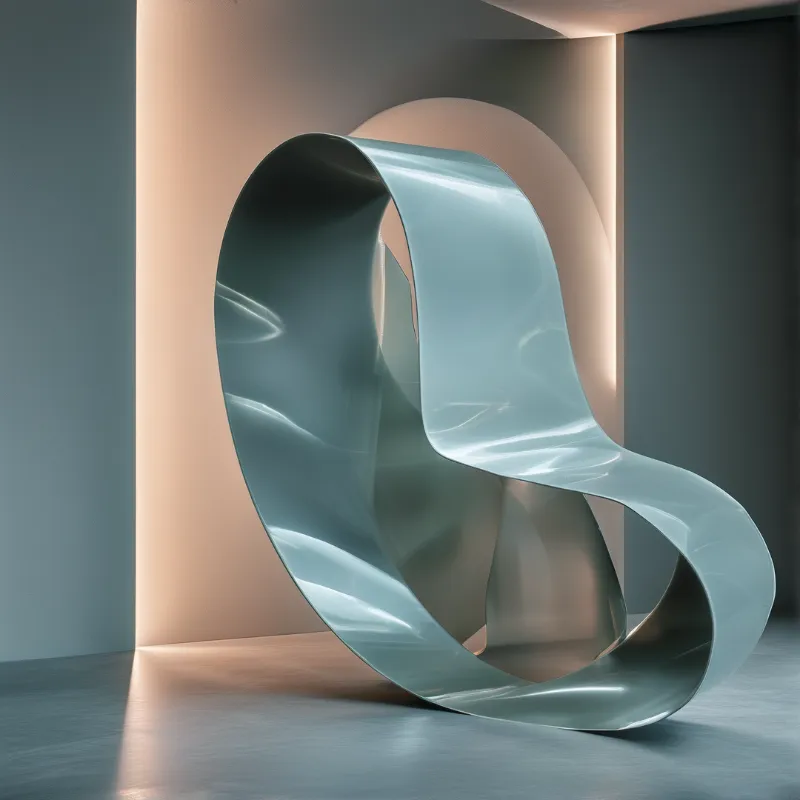 A smooth pale teal ribbon sculpture twists into a loop against a warm peach wall with a softly lit archway.