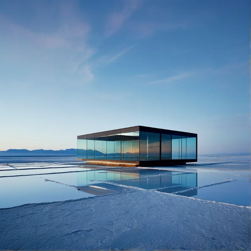 A dark framed glass pavilion reflects the blue sky on a vast salt flat.