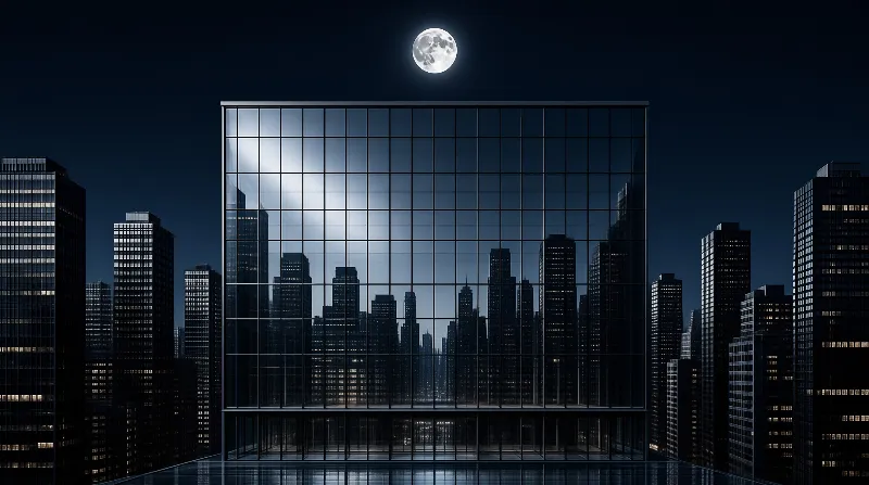A large glass building stands at night with a full moon above and city lights reflecting on its surface.