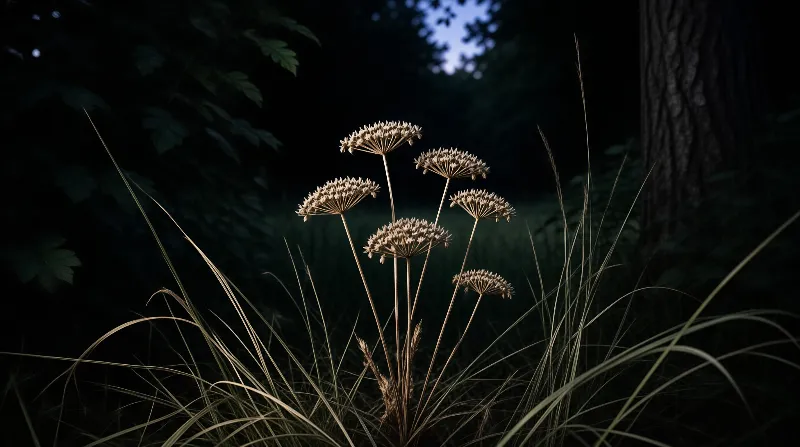 Delicate dried umbel seed heads glow softly when backlit among tall grasses in a shadowy forest clearing