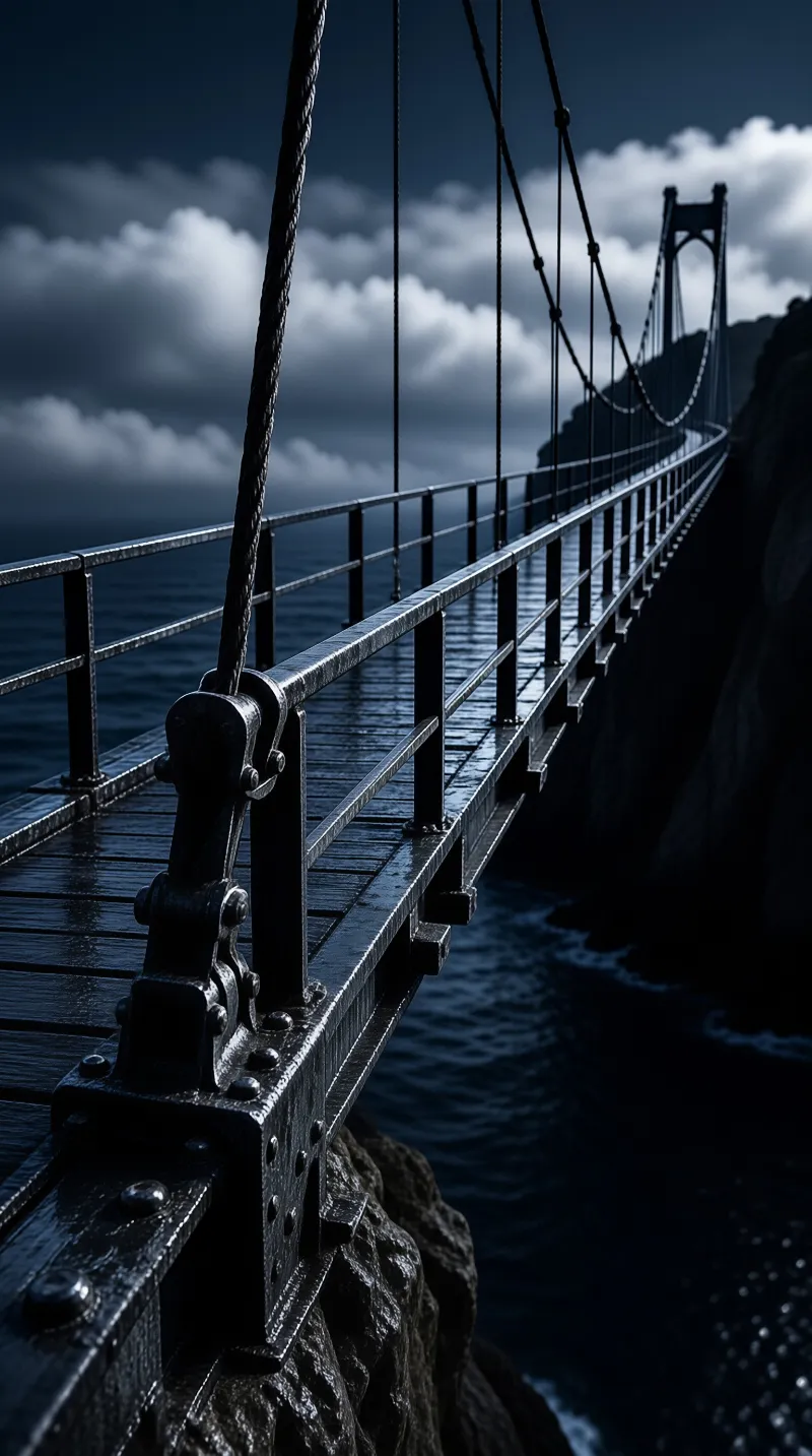A lone iron footbridge with cable towers crosses black water beneath heavy brooding storm clouds.