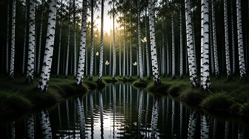 White birch trees stand along a dark stream reflecting golden sunlight and fluttering butterflies in a quiet forest.