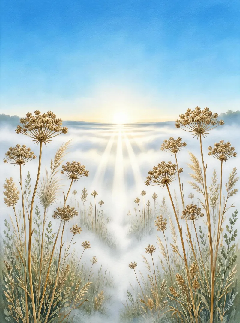 Tall wildflowers stand in morning mist as the sun rises, casting light beams over a calm water surface with distant land