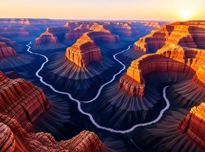 Terraced red rock plateaus catch low golden light as a pale river snakes through deep canyon shadows to the horizon.