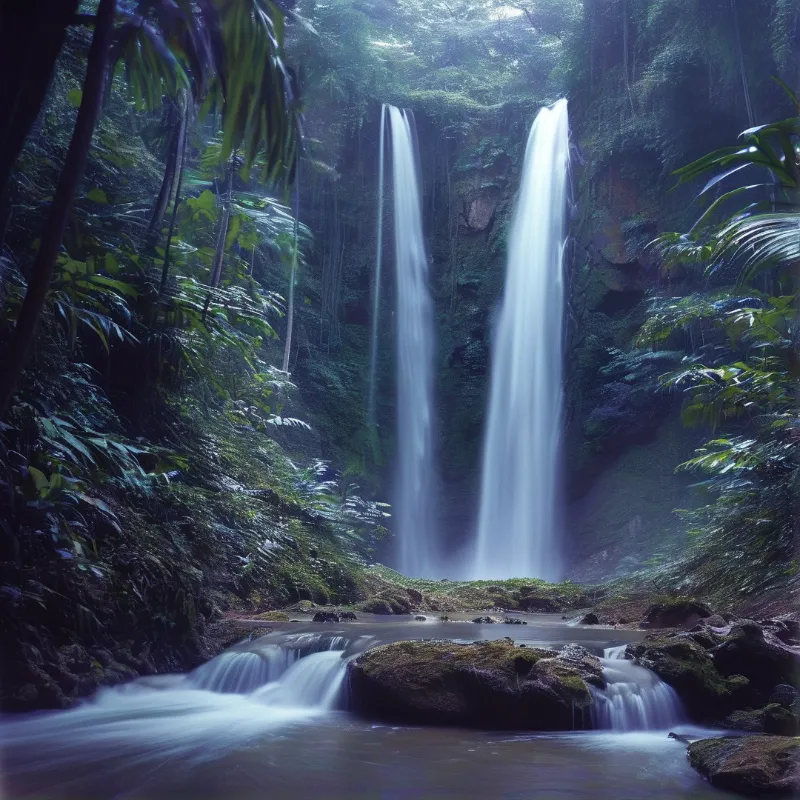 Two slender waterfalls drop down a mossy cliff into a quiet pool surrounded by lush green jungle in soft diffuse light.