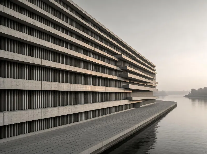 Modern Concrete Building by Water