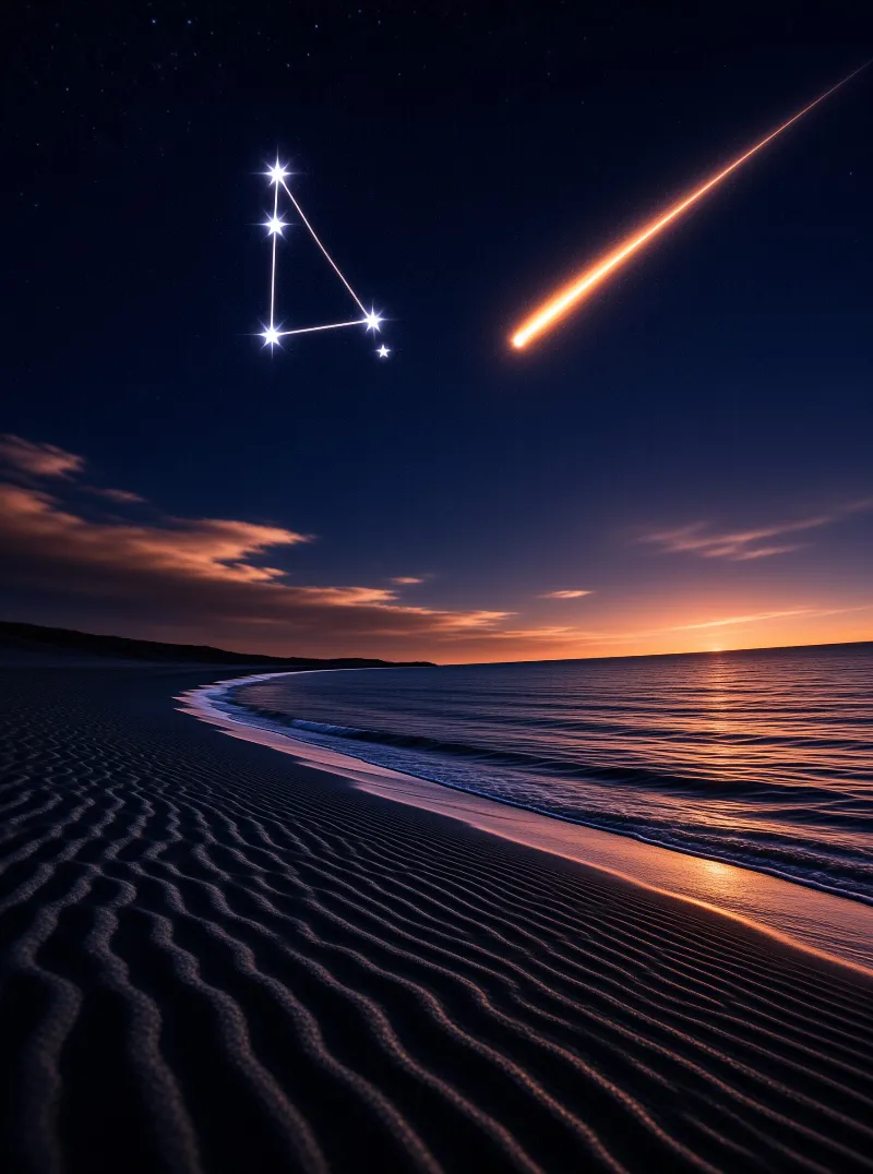 A glowing triangle of stars and a fiery meteor streak across a deep blue sky above waves and ridged evening sand.