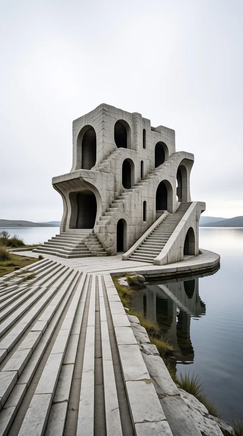 A paradoxical stone building of layered arches and staircases rises from a circular platform beside still water.