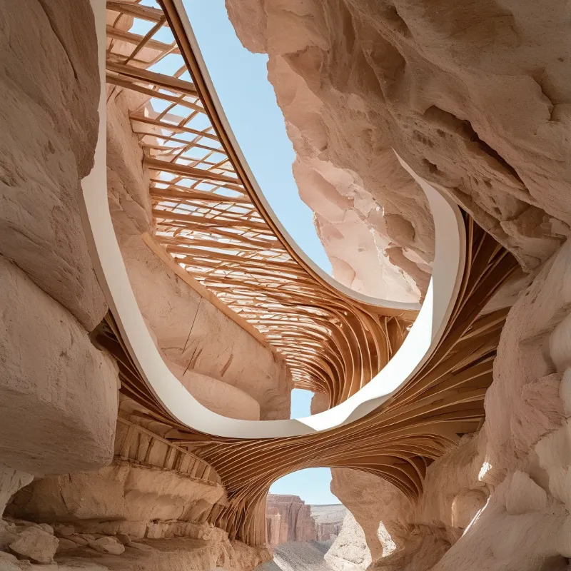 Curved wooden slats sweep through a sandy rock canyon beneath a bright blue sky