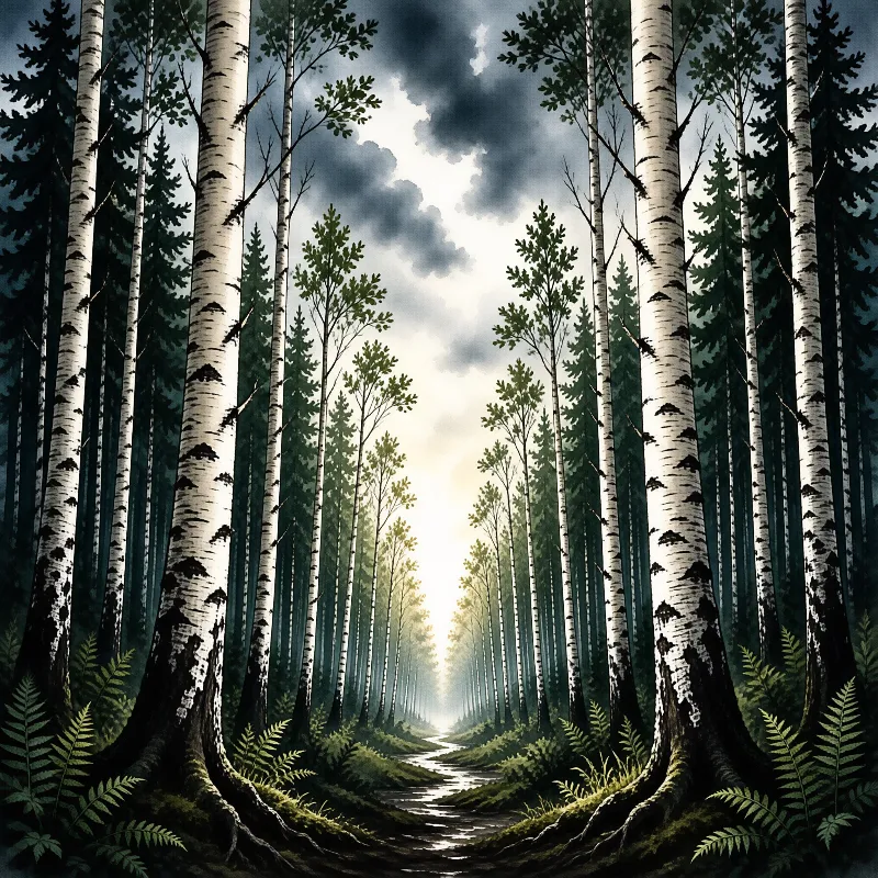 Tall white birch trees frame a winding path leading to bright sunlight breaking through dark clouds.