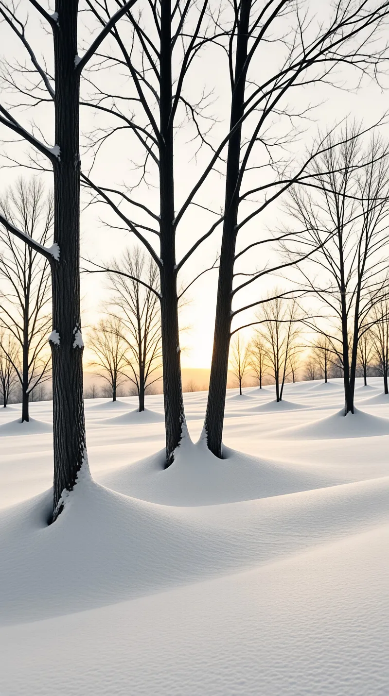 Tall leafless trees rise from undulating snowfields beneath a warm glowing horizon.