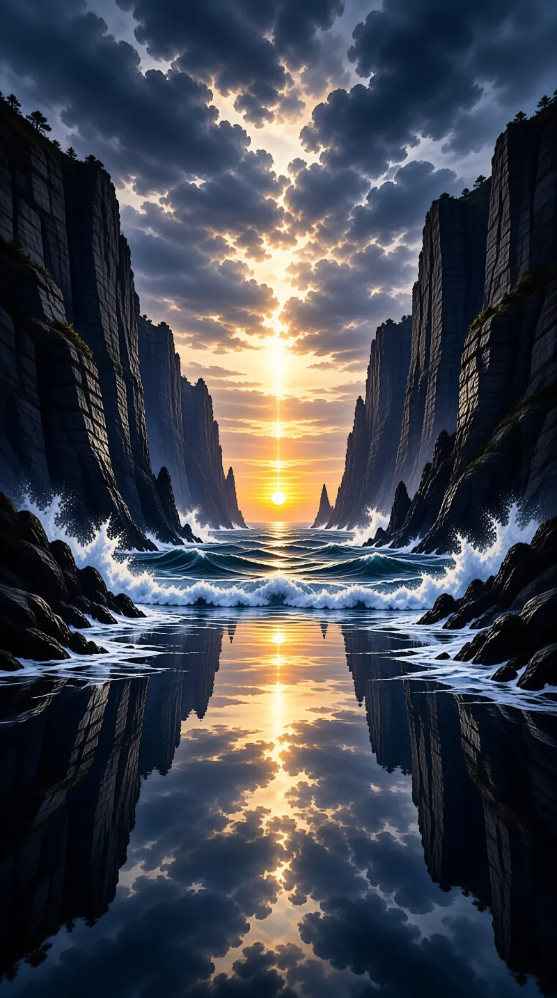 Massive dark cliffs line the sea channels as the bright sun breaks through heavy clouds above.