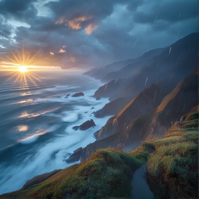 A rugged coastline with steep green cliffs and crashing white waves, illuminated by a bright golden sunburst piercing through dark storm clouds during a rain shower.